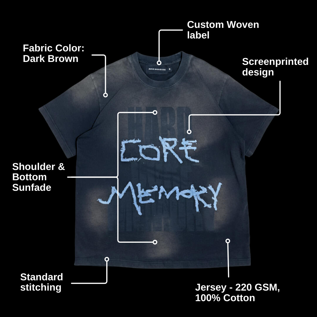 Dark brown tee, annotated: custom woven label, screenprinted design, shoulder and bottom sun fade, standard stitching, 220 GSM cotton jersey