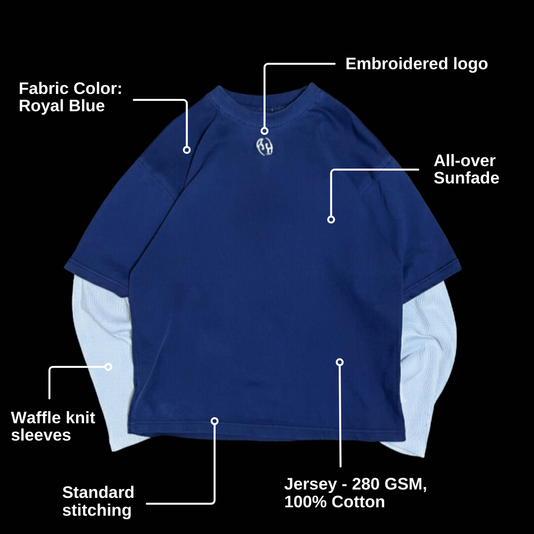 Royal blue long sleeve, annotated: embroidered logo, all-over sun fade, waffle knit sleeves, standard stitching, 280 GSM cotton jersey