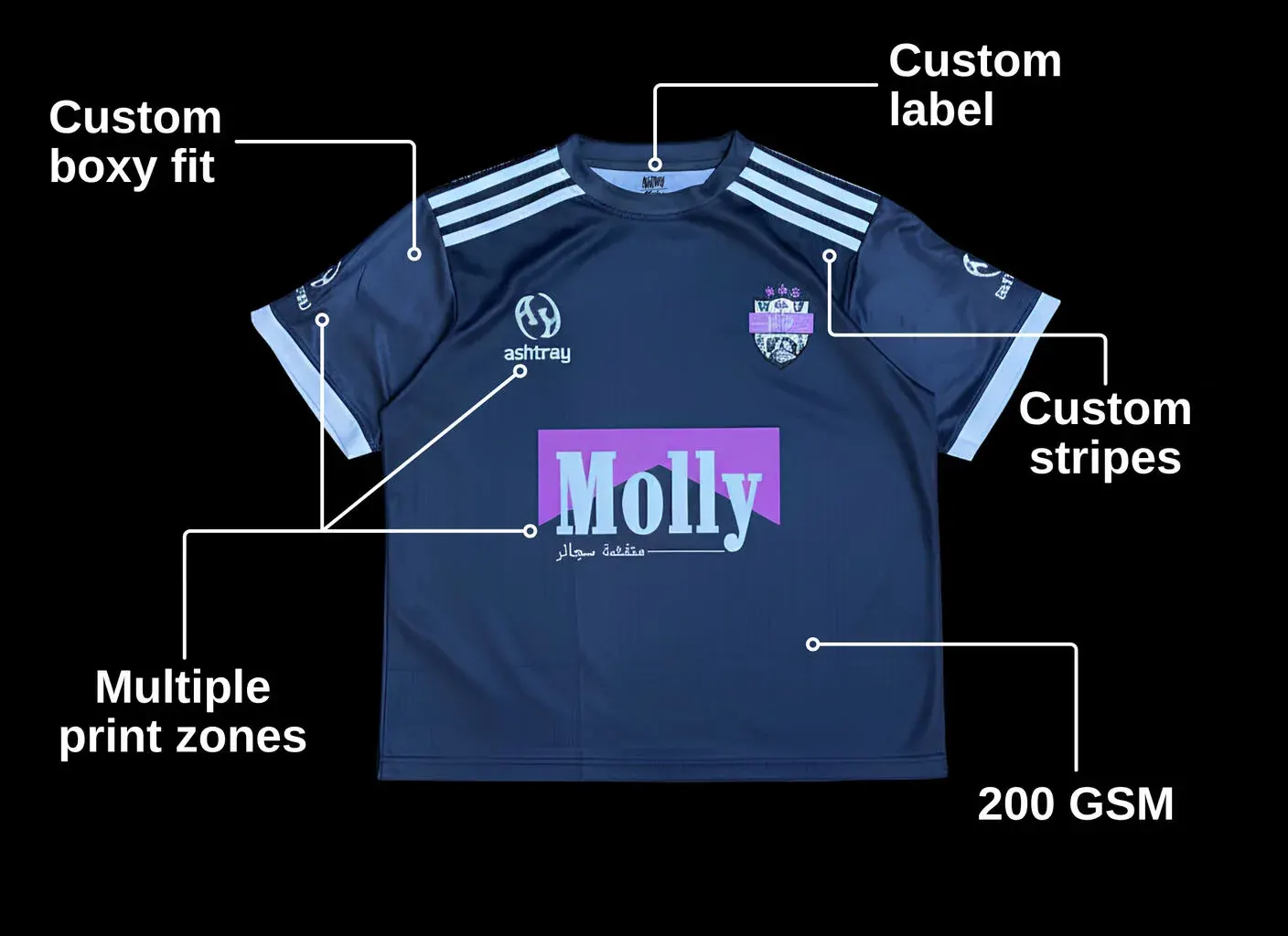 Ashtray football jersey annotated with its custom boxy fit, custom label, custom stripes, multiple print zones and 200 GSM fabric