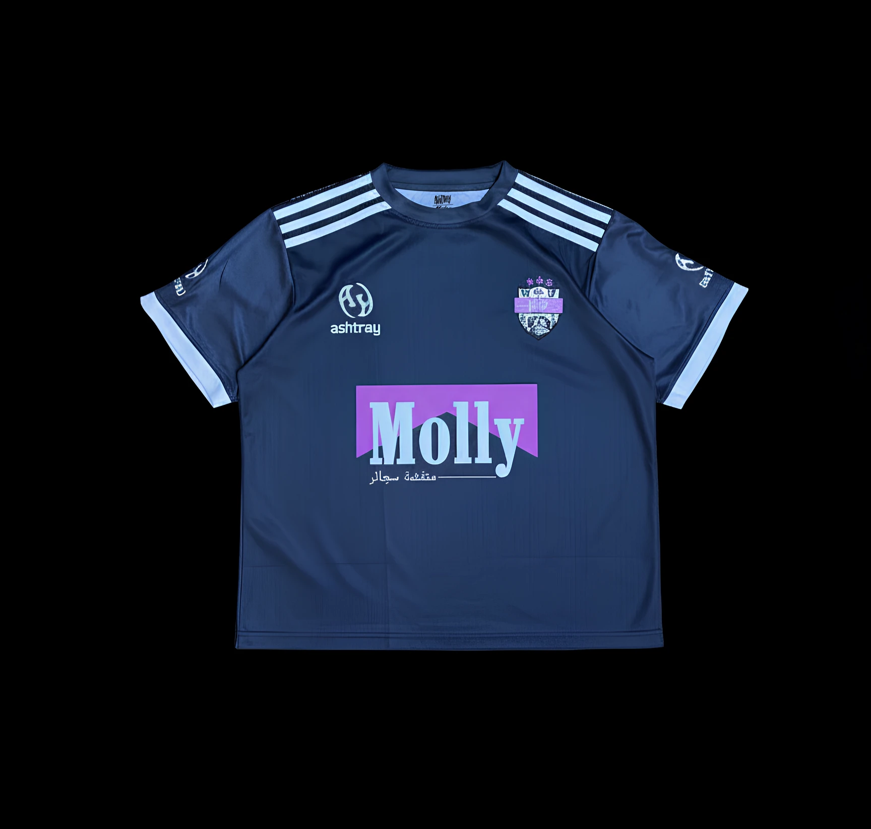 Navy Ashtray football jersey with white shoulder stripes, a club crest and a pink Molly sponsor print