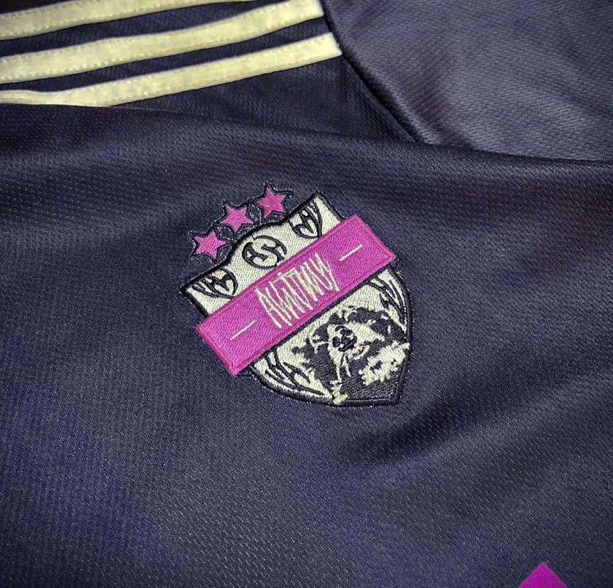 Close-up of the embroidered crest on the navy jersey, with three pink stars and a pink Ashtray banner