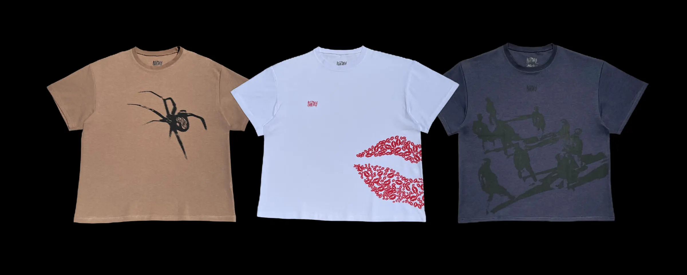 Three 300 GSM tees: sand with a spider print, white with a red lips print, and washed navy with an abstract figure print