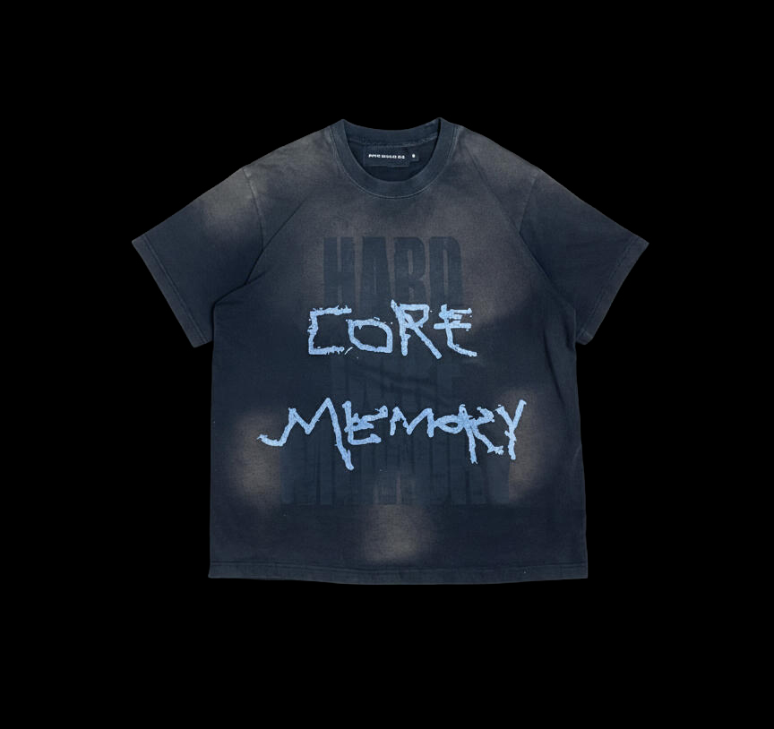 Sun-faded black tee with Core Memory hand-lettered in light blue across the chest
